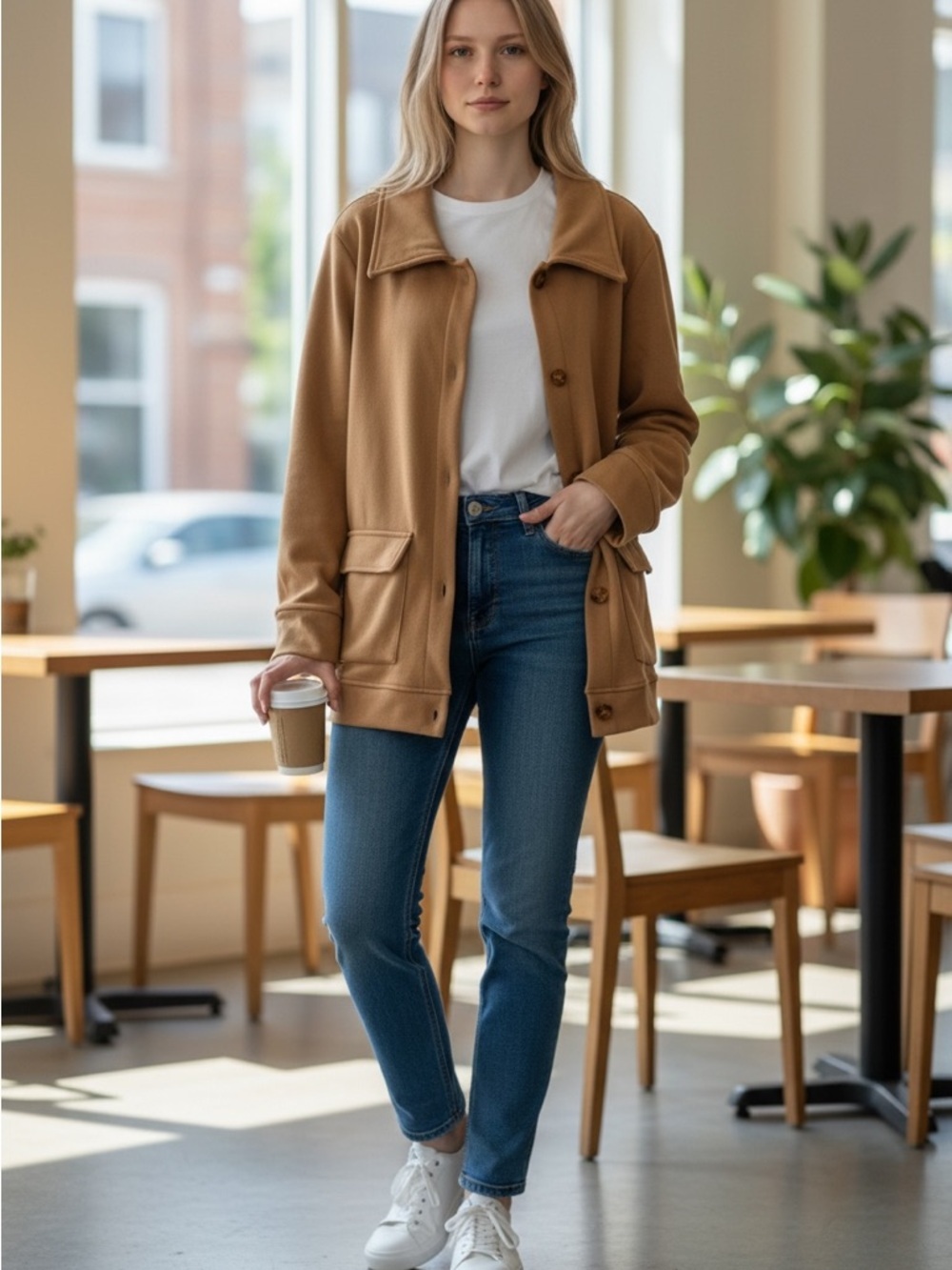 Women's Utility Jacket in Camel - Relaxed Button-Front Style